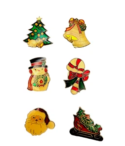 6 Christmas RETRO Holiday Themed Metal and Enamel Hinged Vintage Button Covers - Picture 1 of 11