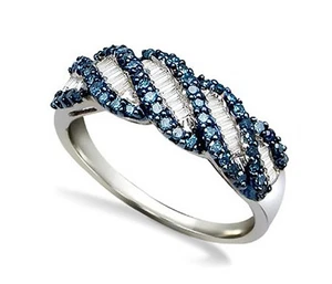 Blue and White Diamond Ring 925 Sterling Silver Baguette & Round Diamonds .48ct - Picture 1 of 3
