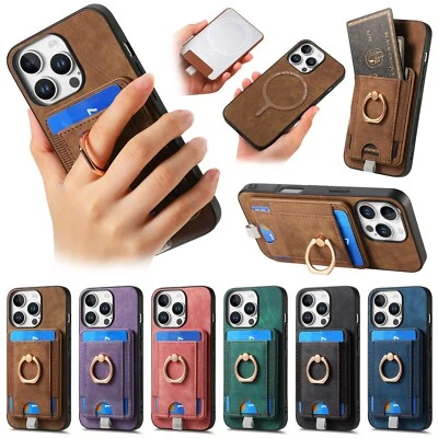 Funda de teléfono con soporte para anillo de tarjeta de cuero Magsafe 2 en 1 para iPhone 16E 15 14 13 12 X 7 Foto 1 de 4