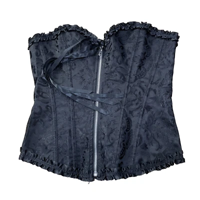 Black Full Zip Corset Women S Black Damask Floral Lace Cinch WhimsiGoth Fairy - Image 1 of 4
