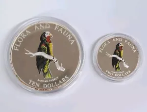 1995 Bahamas Flora & Fauna Parrot 2 Coin .999 Silver Set $2 - $10 Coins - Picture 1 of 2