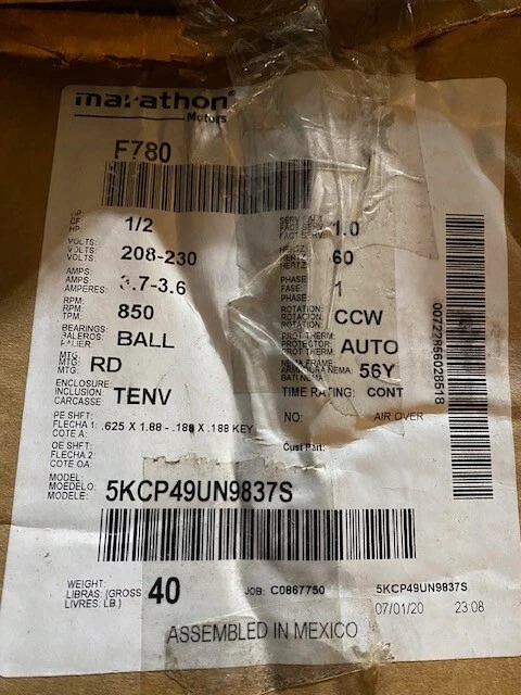 Marathon F780 Electric Motor 1/2 HP 850 Rpm 1PH 208-230 Volt 56Y Frame - Image 1 of 1