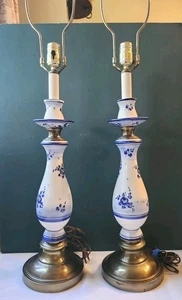 "Par de lámparas de cerámica estilo azul de Delft vintage esmalte craquelado floral, 34"" funcionando" - Imagen 1 de 22