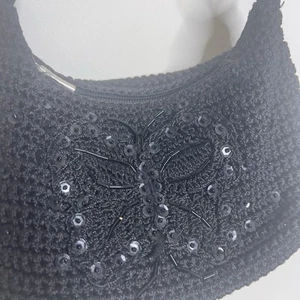 Vintage Y2K gewebte Mini-Schultertasche schwarz Pailletten Schmetterlingsdetail klein 2000er Handtasche - Bild 1 von 8