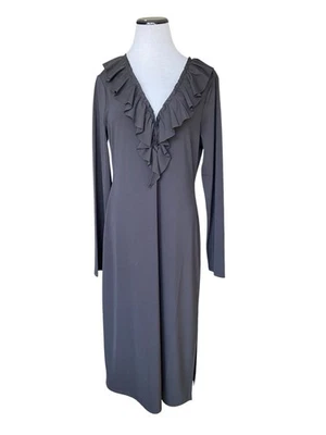 Ralph Lauren Polo Jeans Women Long Sleeve Ruffle V-Neck Midi Dress Size XL Black - Image 1 of 4