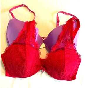 Lot (2) Bras 38D Frederick of Hollywood & Mariemeili Red Lace, Purple & Pink - Picture 1 of 10