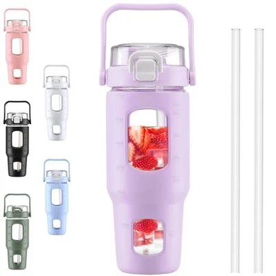  32oz Glass Water Bottles with Straw Time Marker Half Gallon 32 Ounces Purple - Image 1 of 4