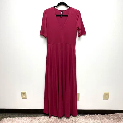 Maxi Vestido Para Mujer Agnes & Dora Rosa Sólido Cuello en V Elastizado Manga Corta Bolsillos M Foto 1 de 4