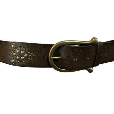 Linea Pelle Western Belt Brass Buckle Studded Cowgirl Brown Leather Size Medium - Image 1 of 4