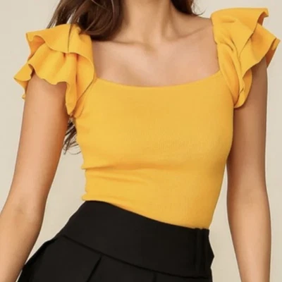 Blusa acanalada manga con volantes Timing para mujer M oro amarillo ajustada top cuello cuadrado Foto 1 de 4