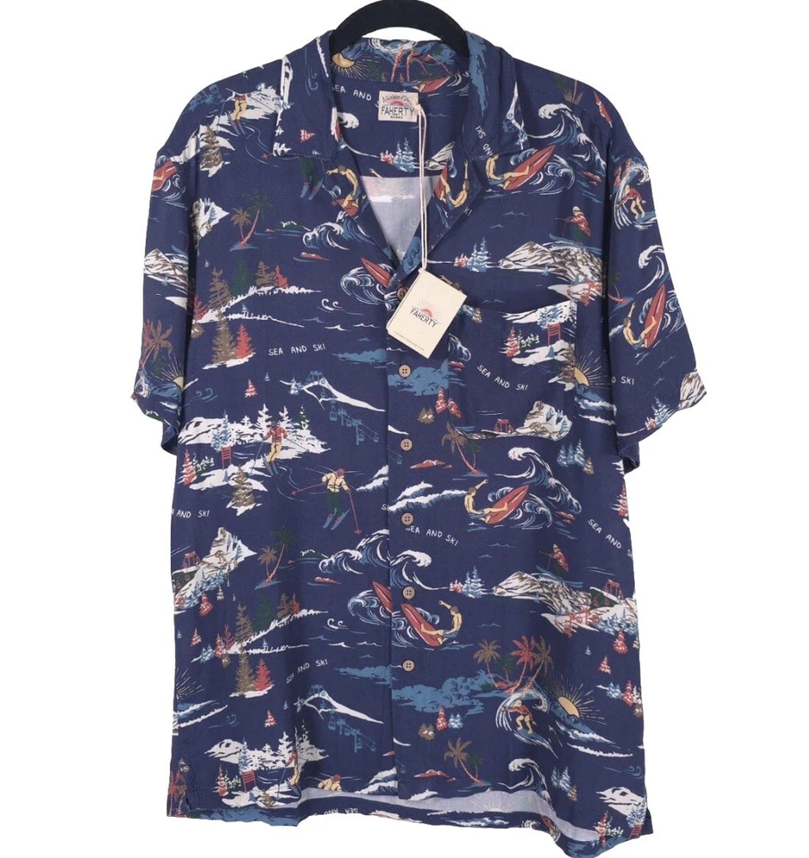 FAHERTY Camp Shirt Mens Small Navy Button Up Short Sleeve Sea to Ski