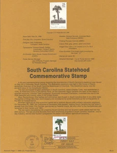 #8821 25c S. Carolina Statehood Stamp #2343 USPS Souvenir Page - Picture 1 of 1