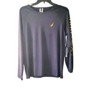 Nautica Navy and Yellow Graphic Standard Long Sleeve Rashguard Swim Shirt NWT - Picture 1 of 5