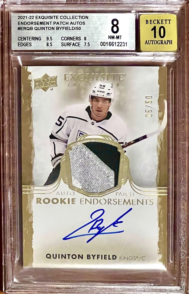 /50 RPA Quinton Byfield 2021-22 UD The Cup Exquisite Rookie Patch Auto 10 BGS 8 - Image 1 of 2