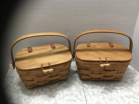 Vintage Longaberger 1980's Wooden Basket Miniature Leather Hinges Toggle Lid Cover