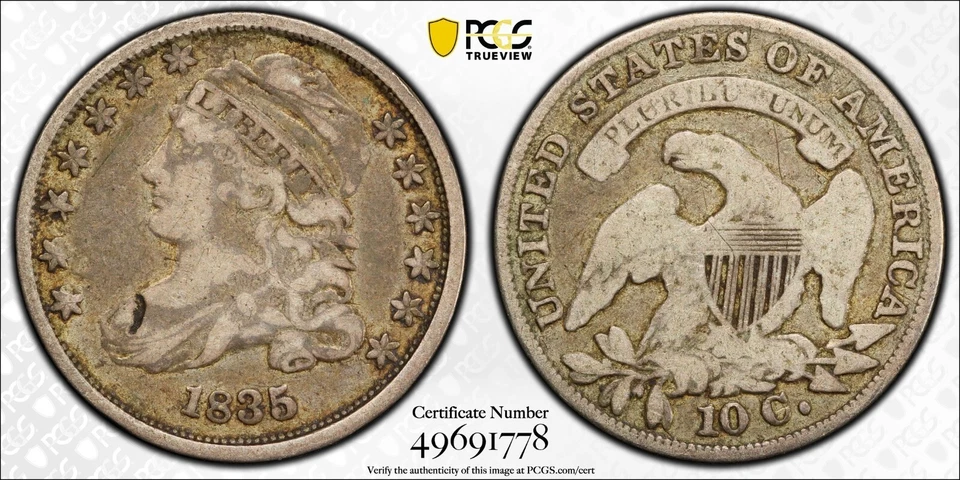 1835 Capped Bust Dime, PCGS Fine Details, Damage, TrueView, Free Shipping, C7371 - Image 1 of 2