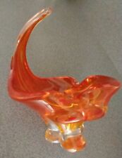 CHALET ART GLASS CENTERPIECE 1950's BRIGHT ORANGE CLEAR CANADA w/HANDLE VINTAGE
