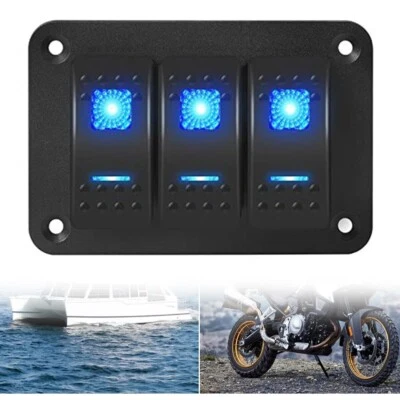 3 Gang Rocker Switch Panel for Boats 12V Waterproof with Blue LED Lights - Image 1 of 4