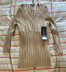 Maglione donna vintage nuovo con etichetta maglione scollo a V maglia a costine slim shirt taglia L - Foto 1 di 8