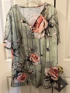 Women's GENERIC Short Sleeve Green Pink Floral Print Button Blouse Size 3XL - Picture 1 of 6