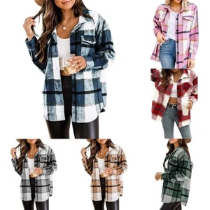 Warm Woolen Jacket Shacket Baggy Tartan Tops Check Fleece Winter Coat for Women - Picture 1 of 17