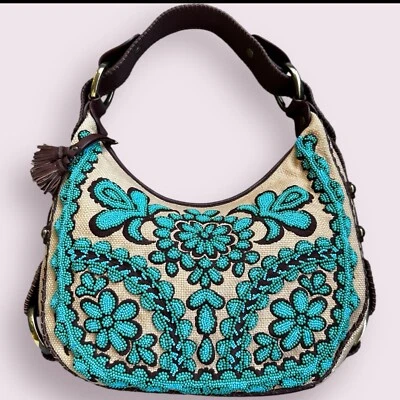 Antiga Bolsa Hobo Isabella Fiore Oh Suzani Nikki Couro Marrom Turquesa Frisado - Imagem 1 de 4