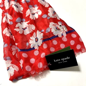 NWT KATE SPADE Floral Ponderosa Red Scarf Spring time Polka Dot 24"x 72" Viscose - Picture 1 of 5