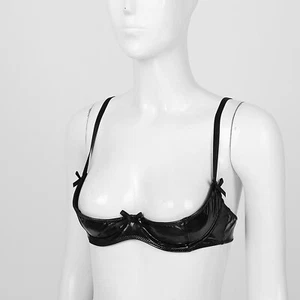 Womens Glossy Patent Leather 1/4 Cups Bra Underwired Push up Bralette Lingerie - Picture 1 of 30