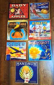 Lotto 7 etichette frutta 12" vintage arancione mela mano aliante immersioni bambina bambino aquila - Foto 1 di 5