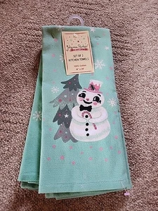 NUEVO CON ETIQUETAS Juego de 2 Toallas de Cocina JOHANNA PARKER Muñeco de Nieve Verde Navidad Algodón 18x28 - Imagen 1 de 2
