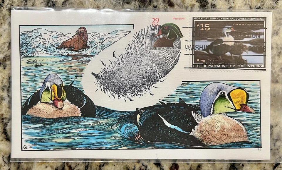 1991 Federal Duck Stamp FDC – $15 King Eider – Collins - Feather - Image 1 of 1