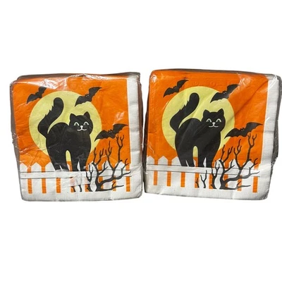 Vintage 80s Halloween Party Napkins Black cat on fence with black bats 2 packs  - Image 1 of 3