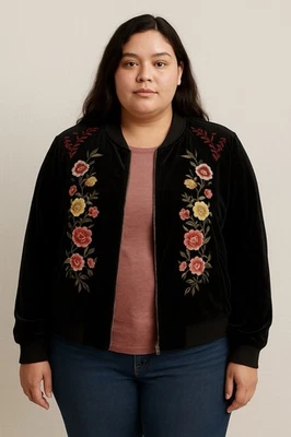 Torrid Black Floral Velvet Bomber Jacket Women Size 1 1X Embroidered Cottagecore - Image 1 of 4
