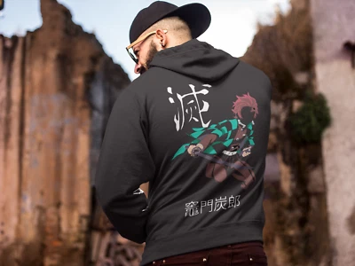 HATTREE Herren Hoodie Kapuzenjacke Demon Slayer Tanjirō Kamado Streetwear Manga Anime