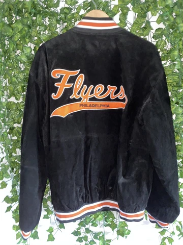 Vtg Philadelphia Flyers NHL Hockey Suede Varsity Letterman Jacket Script Mens XL Cover