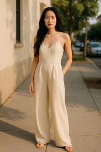Tuta romantica sabbia chiara beige ZARA senza maniche misto lino gamba larga boho L - Foto 1 di 9