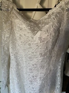 Oleg Cassini Long Sleeve Beaded Floral Wedding Dress with Train and Veil - Picture 1 of 19