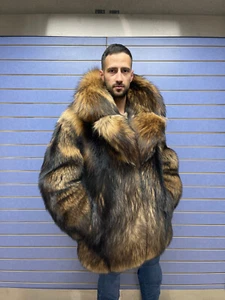 Luxury Full Skin Finn Raccoon Fur Men Coat Real Raccoon Fur Skin To Skin Collar - Picture 1 of 8