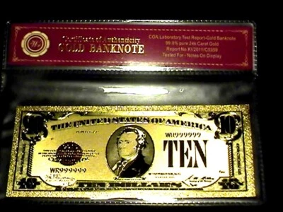 99.9% 24K GOLD 1928 $10 GOLD CERTIFICATE BILL US BANKNOTE IN PVC SLEEVE W COA - Image 1 of 4