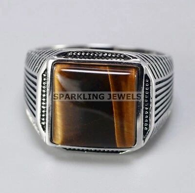 Impecable ojo de tigre corte cuadrado con anillo de plata de ley 925 para hombre #245 Foto 1 de 4