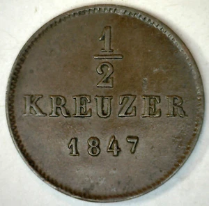 1847 German States WÜRTTEMBER 1/2 Kreuzer Copper World Coin Germany Extra Fine - Picture 1 of 2