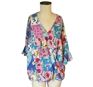Umgee Kimono Oberteil rosa & blau bunt Blumen Patchwork vorne offen Gr. XL - Bild 1 von 9