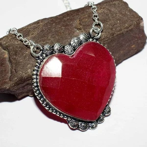 925 Silver Plated Exclusive Simulated Ruby Heart Necklace Gemstone 18" AU l675 - Picture 1 of 3