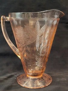 Vintage Poinsettia/Floral Pink Depression Glass 8” Cone Pitcher with base 32 oz - Picture 1 of 10