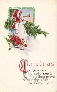 TARJETA POSTAL NAVIDAD VINTAGE NIÑA SOPLANDO UNA CORNETA CON CESTA DE FLORES DE PASCUA 102323 - Imagen 1 de 2