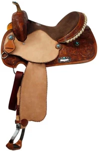 New! Double T BARREL SADDLE w/ Rawhide cantle Turquoise stone conchos 14 15 16" - Picture 1 of 4