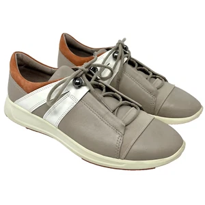 ECCO Women's Soft Lace Up Leather Sneaker Taupe with Orange Sz 7 - Picture 1 of 7