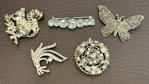 Lot Of 5 Vintage Estate Clear Crystal Rhinestone Squirrel Butterfly Brooch Pins - Picture 1 of 10