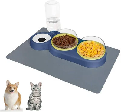 Cuencos inclinados para gatos Marchul con alfombrilla de alimentación, tres platos para gatos levantados para comida y  Foto 1 de 4