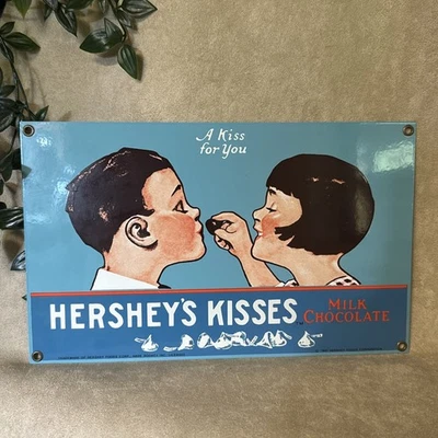 Letrero publicitario vintage 1991 Hershey's Kisses porcelana chocolate Ande Rooney Foto 1 de 4
